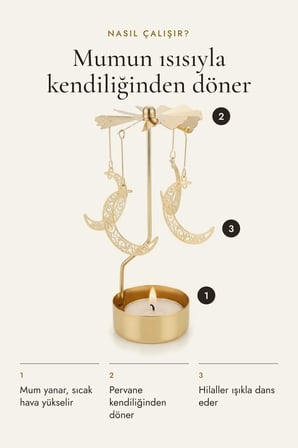 Kişiye Özel İsimli Dönen Mumluk Hilal Ay Figürlü Altın Metal Tealight Mum Tutucu 15 cm