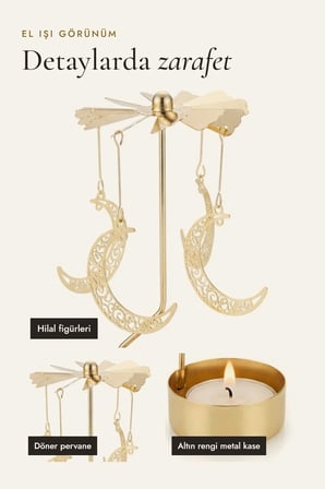 Kişiye Özel İsimli Dönen Mumluk Hilal Ay Figürlü Altın Metal Tealight Mum Tutucu 15 cm
