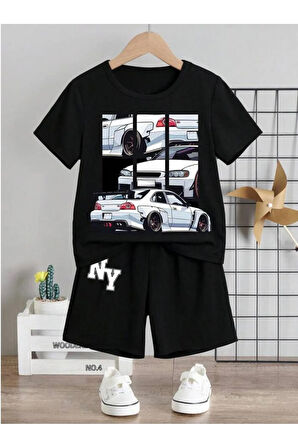 Çocuk Tasarım NY Araba Baskılı T-Shirt Şort Alt Üst Takım %100 Pamuk