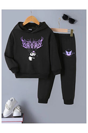 Çocuk Tasarım Kuromi Mor Baskılı Kapüşonlu Sweatshirt Pamuklu