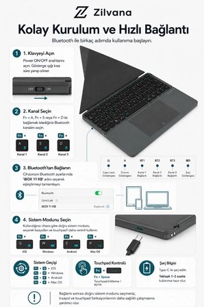 Touchpadli Katlanabilir Bluetooth Klavye Kılıflı Taşınabilir Ofis Klavyesi