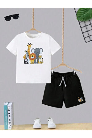 Çocuk Tasarım Hayvanlar Kids Baskılı T-Shirt Şort Alt Üst Takım %100 Pamuk