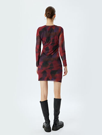 Tül Elbise Mini Drapeli Batik Desenli Bisiklet Yaka Uzun Kollu Slim Fit