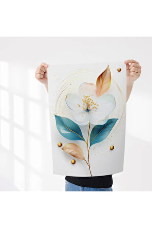 Çerçevesiz Poster Badem Çiçeği Mavi Yaprak Desenli