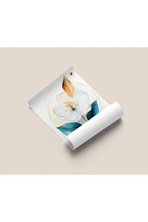 Çerçevesiz Poster Badem Çiçeği Mavi Yaprak Desenli