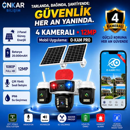 OKAM PRO PREMİUM 4G-336 4 KAMERALI 7/24 KAYIT SİM KARTLI GÜNEŞ ENERJİLİ GÜVENLİK KAMERASI