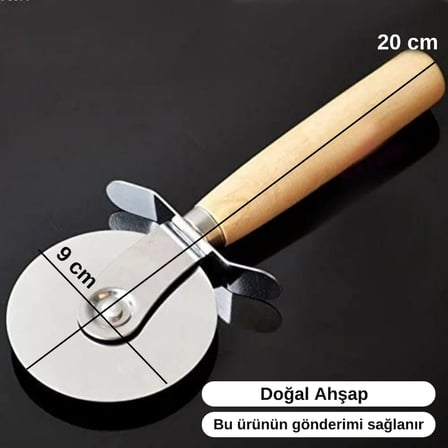 Ahşap Saplı Paslanmaz Çelik Pizza Kesici Yuvarlak Bıçaklı Dilimleme Aparatı 20 cm