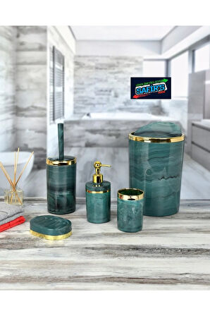 5 Parça Mermer Desen Banyo Seti / Wc Fırçalık, Sıvı - Katı Sabunluk, Çöp Kovası, Diş Fırçalık