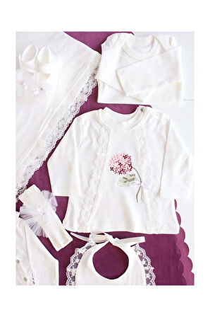 Mor Çiçek Nakışlı Dantel Süslü Lüx Hastane Çıkış Seti