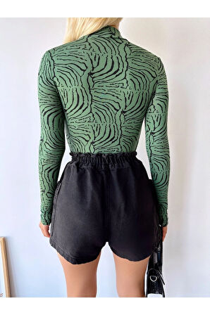 Kadın Koyu Yeşil Çizgi Desen Dik Yaka Uzun Kol Viskon Bluz