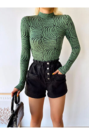 Kadın Koyu Yeşil Çizgi Desen Dik Yaka Uzun Kol Viskon Bluz