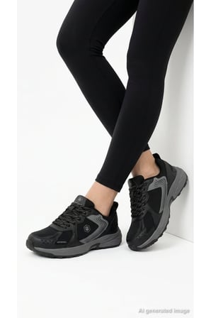 Kadın Siyah Sneaker Softshell Bağcıklı Kalın Taban Günlük Yürüyüş Spor Ayakkabı