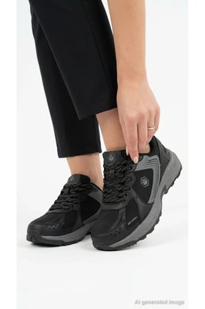 Kadın Siyah Sneaker Softshell Bağcıklı Kalın Taban Günlük Yürüyüş Spor Ayakkabı