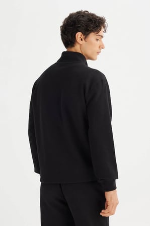 Regular Fit Normal Kesim Kapüşonlu Fermuar Detaylı Siyah Sweatshirt