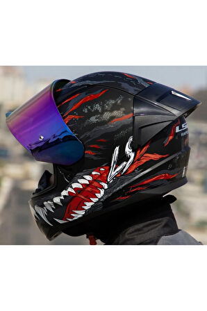 Rapıd 2 Race Kaıju Mat Siyah-Kırmızı Fullface Motosiklet Kaskı Gökkuşağı Camlı