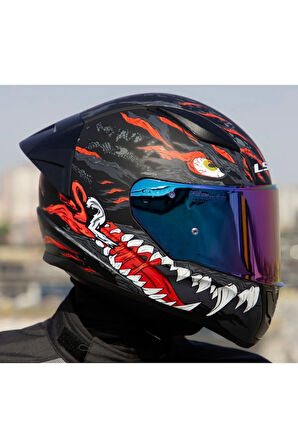 Rapıd 2 Race Kaıju Mat Siyah-Kırmızı Fullface Motosiklet Kaskı Gökkuşağı Camlı