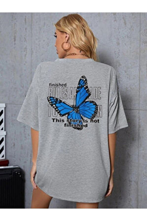 Ark Moda Kadın Gri Mavi Kelebek Baskılı Tshirt