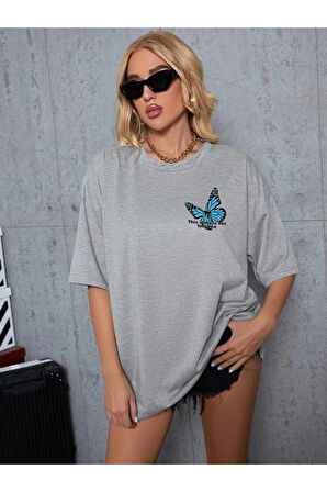 Ark Moda Kadın Gri Mavi Kelebek Baskılı Tshirt