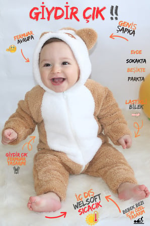 Welsoft Peluş Fermuarlı Kışlık Unisex Kız Erkek Bebek Uyku Tulumu Bebek Tulumu Çocuk Tulumu Kostümü - Siyah-Beyaz / Çok Renkli / 0-6 Ay