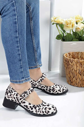 Leopar Topuklu Tek Bantlı Kadın Babet