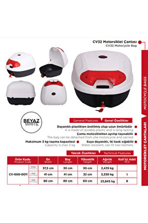 Arwic Motosiklet Arka Çanta Topcase 32 Lt Beyaz