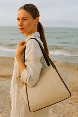 Kadın Omuz Çantası – Keten Kumaş Deri Detaylı Lüks Çanta