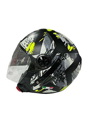 Sway 715 Şeffaf Vizörlü Yarım Motosiklet Scooter Kaskı S Beden Poison Black Grey Yellow