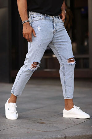 Boyfriend Rahat Kalıp Yırtıklı Açık Mavi Kot Pantolon