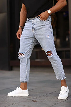 Boyfriend Rahat Kalıp Yırtıklı Açık Mavi Kot Pantolon