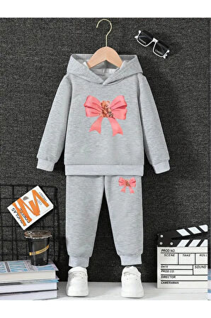 UNISEX GRİ PEMBE KURDELELİ AYICIK ÇOÇUK ALT ÜST TAKIM