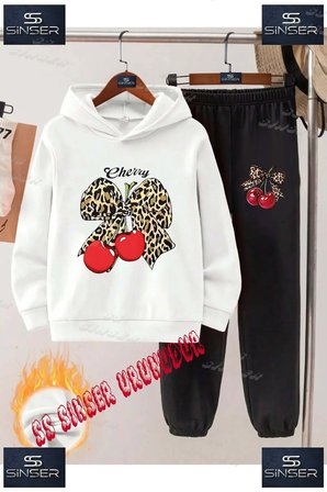 Çocuk Unısex "KIRAZ LEOPAR KURDALE CHERRY YAZI" Özel Baskılı Kapşolu Eşofman Takımı