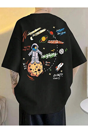 Unisex Siyah Arkası Gezegen Baskılı Oversize Bisiklet Yaka Tshirt