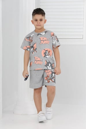 unisex tom&jery baskılı kısa kollu şortlu ikili takım