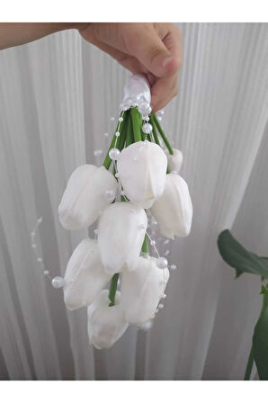 14'lü Beyaz Lale Gelin Buketi - Yapay Gelin Çiçeği İnci Detaylı, Modern Tasarım