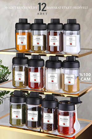 12 Adet Kapağı Kendinden Kaşıklı Cam Baharatlık Seti