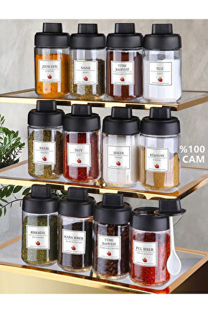 12 Adet Kapağı Kendinden Kaşıklı Cam Baharatlık Seti