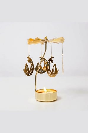 Kişiye Özel İsimli Dönen Mumluk Hilal Ay ve Kedi Figürlü Altın Metal Tealight Mum Tutucu 15 cm
