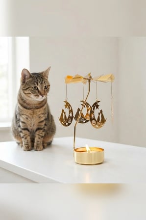 Kişiye Özel İsimli Dönen Mumluk Hilal Ay ve Kedi Figürlü Altın Metal Tealight Mum Tutucu 15 cm