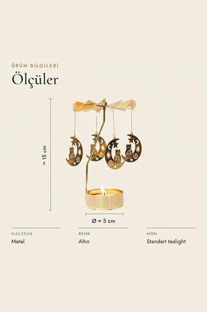 Kişiye Özel İsimli Dönen Mumluk Hilal Ay ve Kedi Figürlü Altın Metal Tealight Mum Tutucu 15 cm