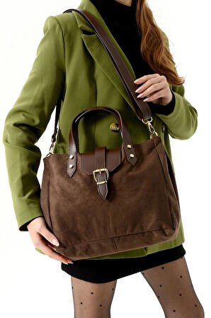 Lüks Süet ve Deri Detaylı Omuz çantası