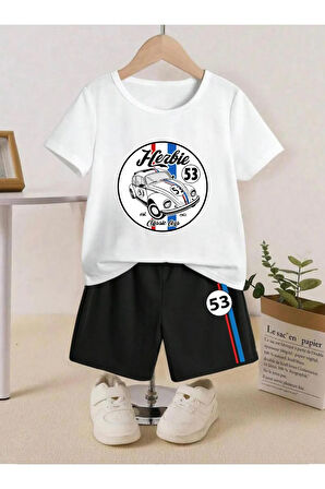 Çocuk Tasarım Herbie 53 Number Baskılı T-Shirt Şort Alt Üst Takım %100 Pamuk
