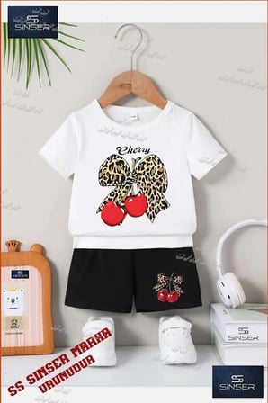 Çocuk UNISEX “KIRAZ LEOPAR KURDELE CHERRY YAZI“ Özel Baskılı Bisiklet Yaka Tişört - Şort Takım