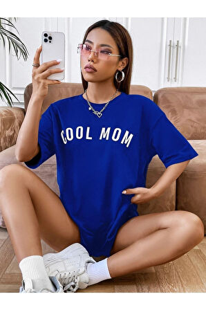 Kadın Cool Mom Baskılı Saks Mavi Hamile Tişört