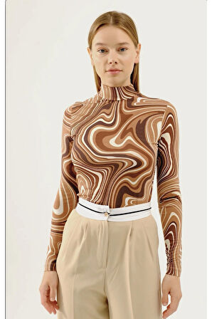 Kadın Kahverengi Krem Desenli Dik Yaka Uzun Kol Viskon Bluz