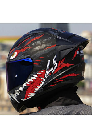 Rapıd 2 Race Kaıju Mat Siyah-Kırmızı Fullface Motosiklet Kaskı Mavi Camlı