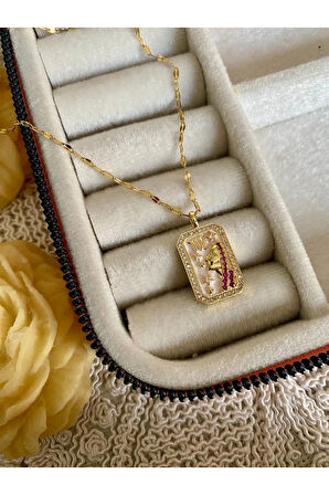 Zirkon taşlı gold Başak burcu tasarım çelik kolye