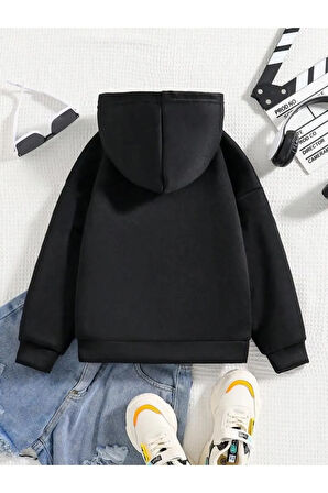 Tatlı Ayıcık Baskılı Siyah Çocuk Kapşonlu Sweatshirt