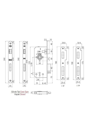 Kale 141-R İç Kapı Gömme Kilidi 45 mm Krom Oval