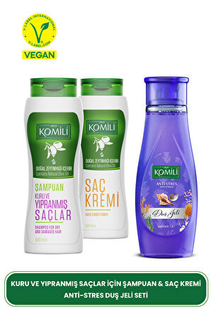 Kuru Ve Yıpranmış Saçlara Özel Zeytinyağlı Şampuan & Saç Kremi Duş Jeli Set - 3 X 500 ml