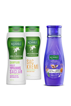 Kuru Ve Yıpranmış Saçlara Özel Zeytinyağlı Şampuan & Saç Kremi Duş Jeli Set - 3 X 500 ml